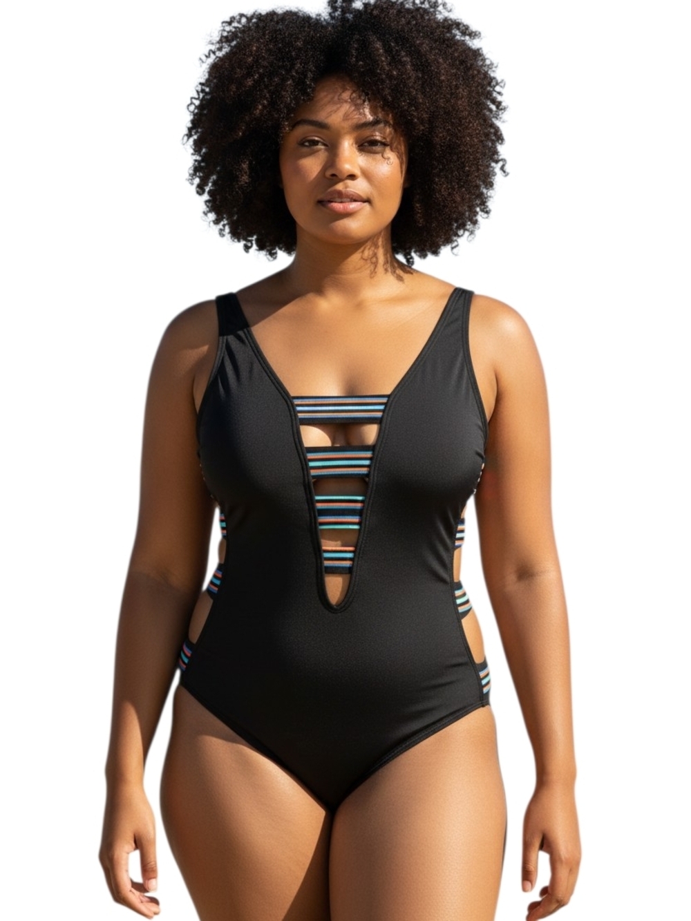 Sun & Sea Black Plunge Neck Cutout Strappy Side One Piece Swimsuit Sz S